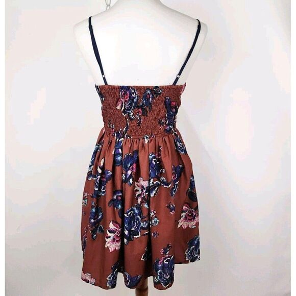 Band of Gypsies Brown Floral Smocked Bustier Fit Flare Mini Sundress Pockets M - Picture 5 of 11